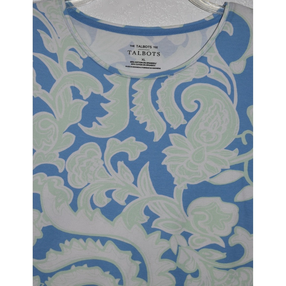 Talbots Tee XL Stretch Top Blue Mint Green Paisley Floral Short Slv Pullover - Picture 13 of 16